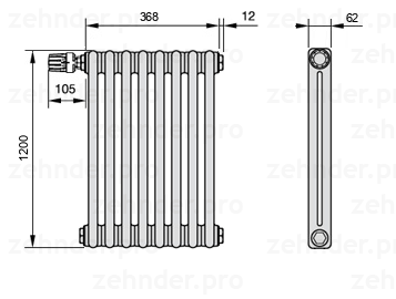 Схема (чертеж) Радиатор Zehnder Charleston 2120/8 №V012 Белый глянцевый RAL 9016